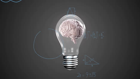 animation of light bulb with brain over woman's hand and mathematical data processing