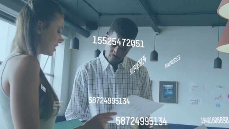 Woman gesturing sheet toward man, man leaning and reading papers for business, numbers appearing