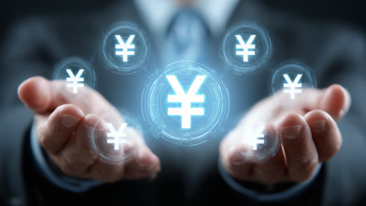 A Business Professional Demonstrates the Concept of Currency Management with Floating Yen Symbols in a Digital Financial Environment