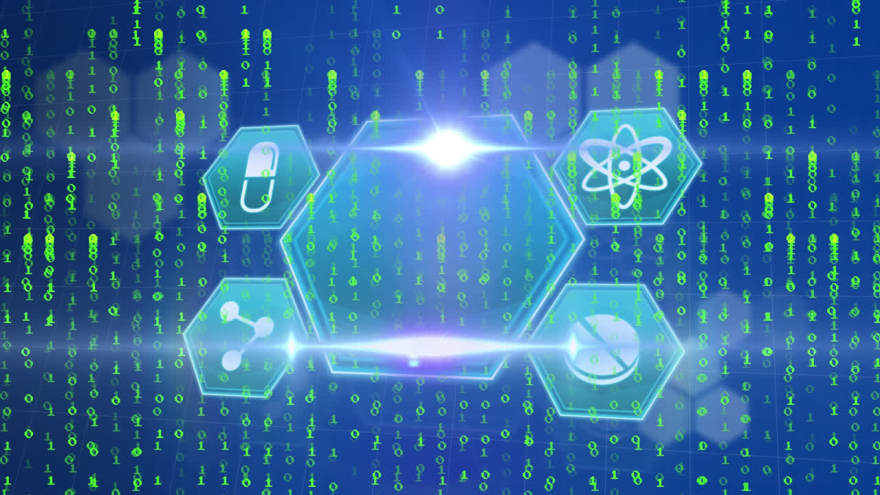 animación del icono en hexágonos sobre las llamaradas de la lente contra la caída de códigos binarios en fondo azul