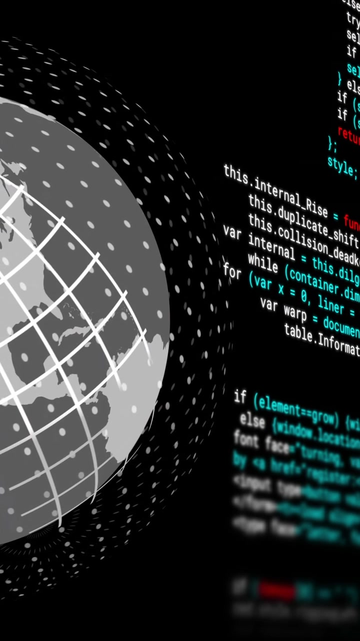 Animation of digital data processing and globe with connections over black background