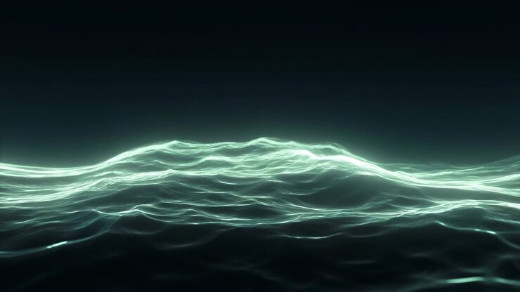 Sottili filamenti luminosi si spostano continuamente in contorni che salgono e scendono, creando una fluida profondità stratificata su uno sfondo nero con una fresca luce verde-blu e un soffuso bagliore atmosferico.