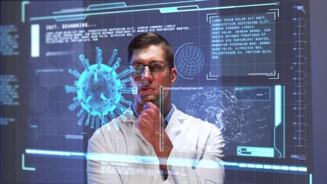 Animation-of-male-scientist-behind-digital-screen-with-covid-19-cell-and-medical-data