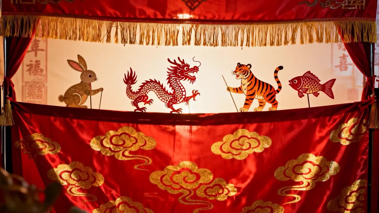 Tela retroiluminada em movimento no palco, show de marionetes, manipuladores controlando quatro fantoches de animais com varas