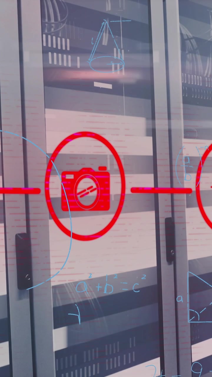Animation of digital icons and data processing over server room