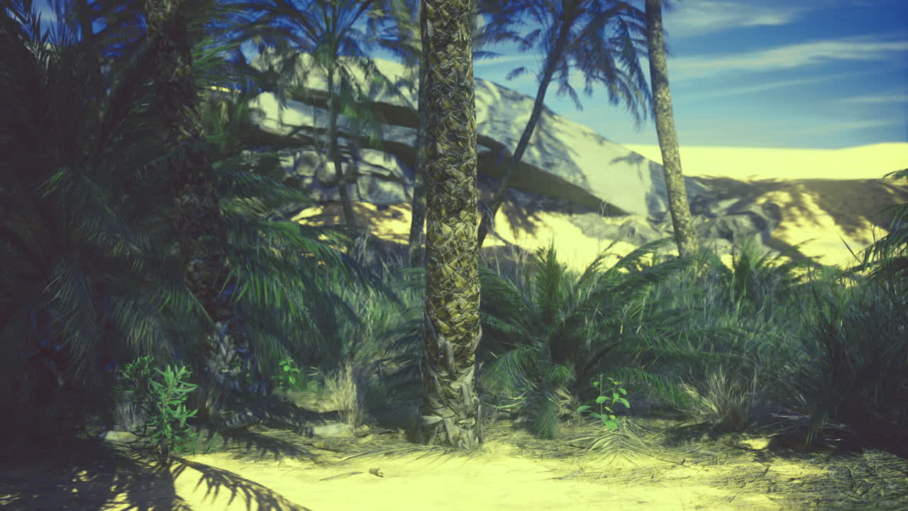 Vivid tropical landscape with lush vegetation and golden dunes under bright sky