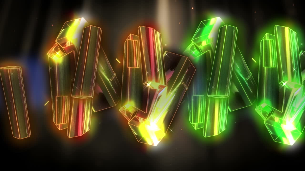 오렌지색과 초록색 다이아몬드가 빛으로 갈색 공간 위로 움직이는 애니메이션