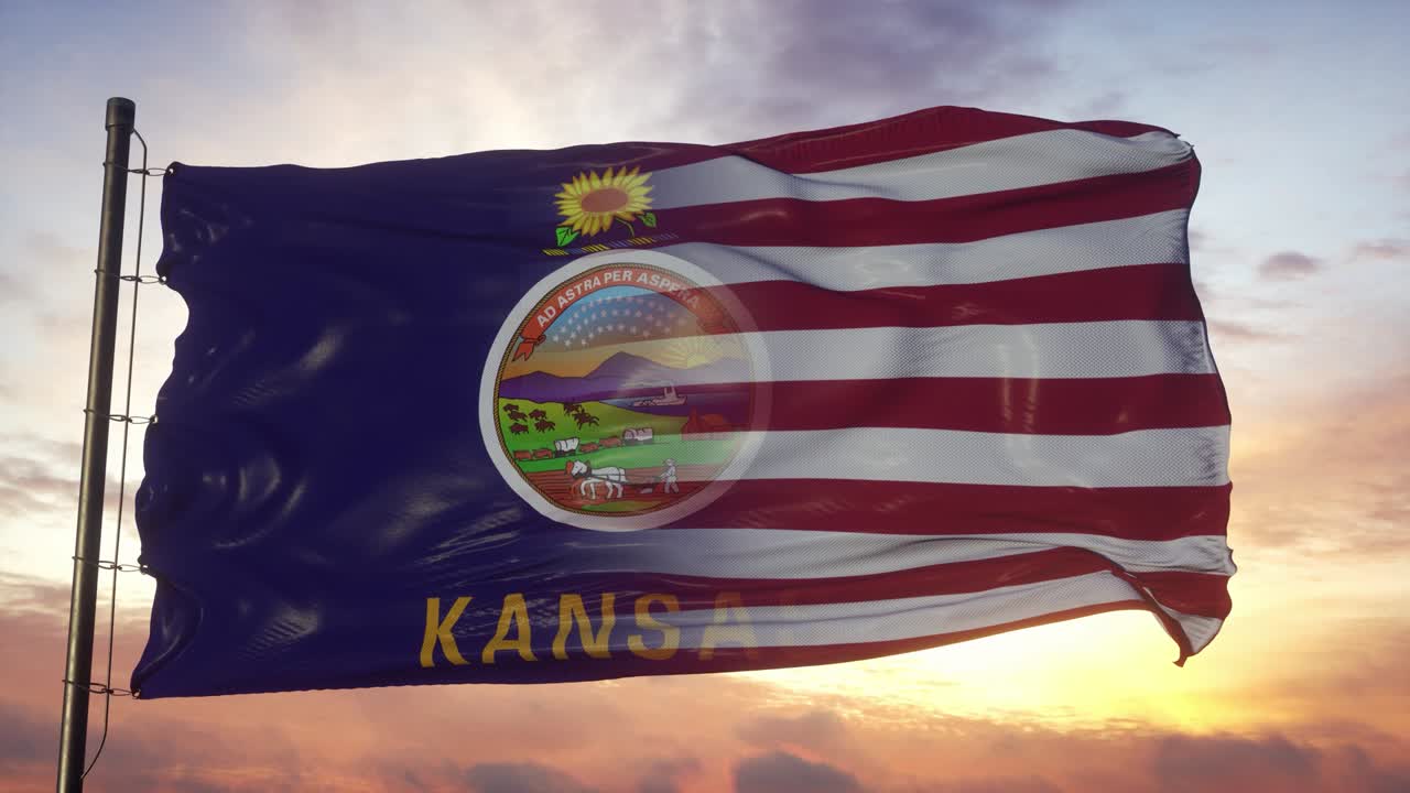 캔자스와 미국 발을 기둥에 올려 놓은 미국과 캔자스의 혼합 발이 바람에 흔들리고 있다.