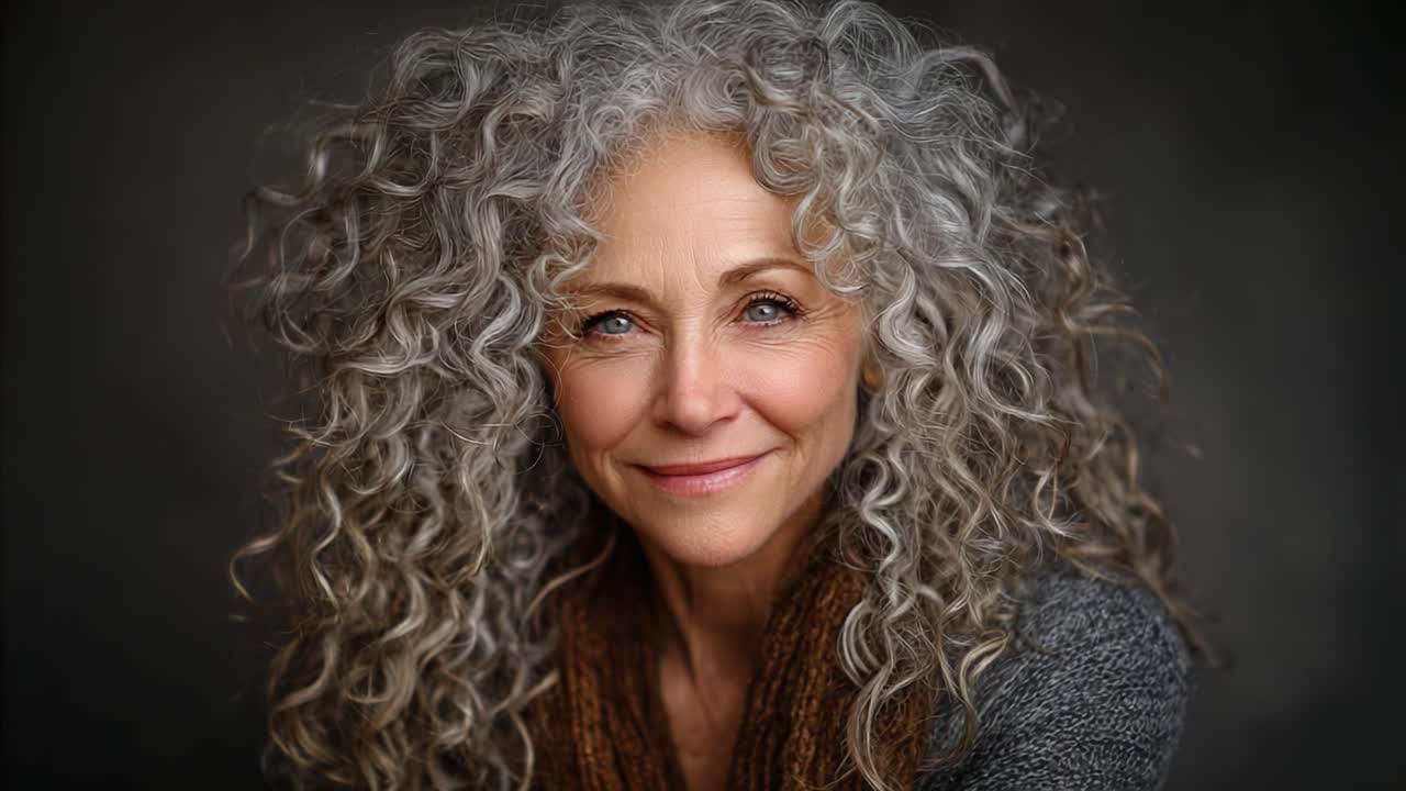 Captivating Portrait of a Woman with Stunning Silver Curls and Radiant Smile, Capturing the Beauty of Aging Gracefully with Natural Charm and Elegance in Soft Lighting