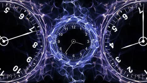 tres relojes en anillo de fibras, concepto de viaje en el tiempo, fondo, bucle, 4k