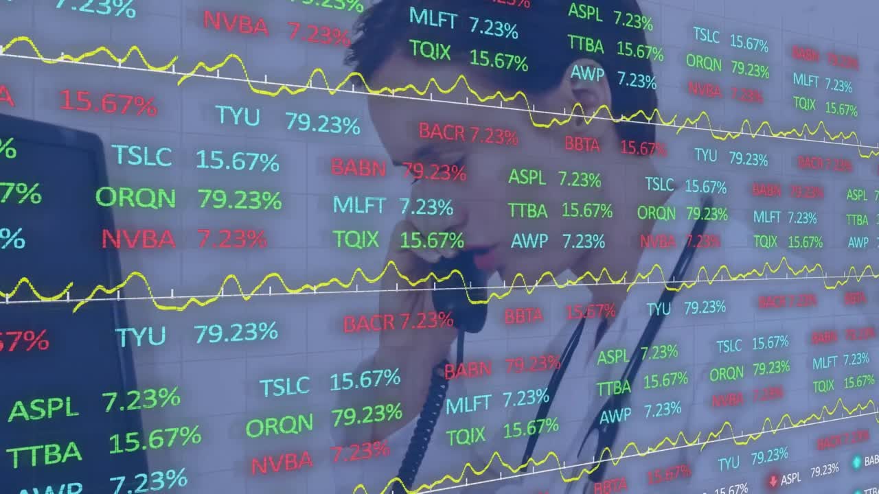 전화를 사용하는 여성 의사에 대한 주식 시장의 애니메이션