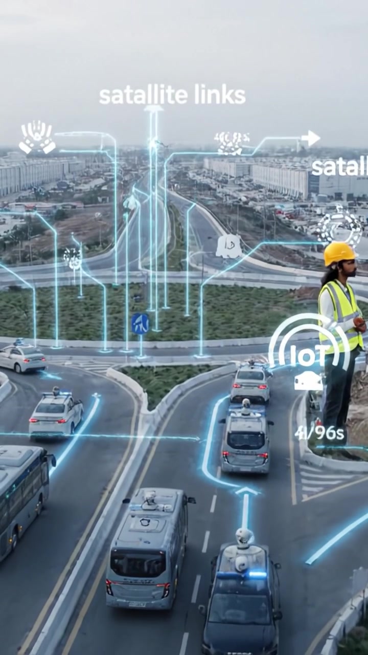 Controllo del traffico innovativo: veicoli intelligenti con collegamenti satellitari e tecnologia IoT su un'autostrada urbana che migliorano la sicurezza e l'efficienza nei moderni sistemi di trasporto.