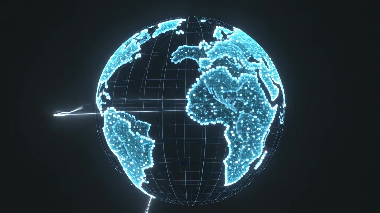 Toiston alkaessa pyörivä hologrammimaapallo paljastaa Afrikan ja Euroopan tyhjyydessä, näyttäen datan solmukohtia.