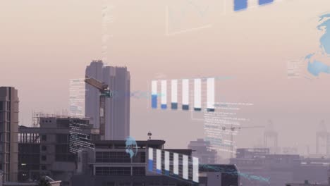 animation of data processing against aerial view of cityscape