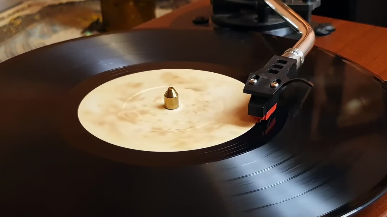 Video ravvicinato di un disco in vinile che gira su un giradischi, ripreso con un'inquadratura dall'alto