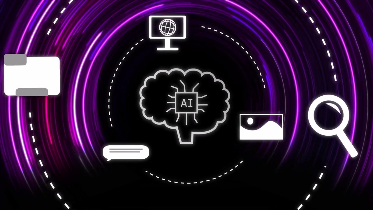 Small white stroke expanding, AI brain forming with AI chip, icons orbiting, showing digital links