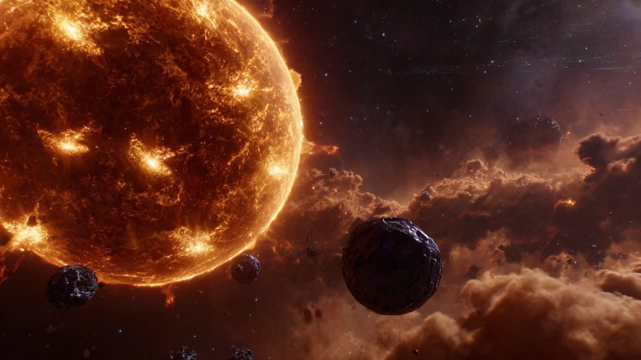 A mesmerizing view of a radiant sun surrounded by cosmic objects, capturing the grandeur of space, with vibrant colors and captivating celestial features that inspire wonder