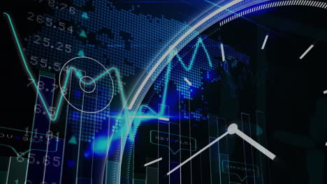 Animación-Del-Reloj-Digital-Sobre-Gráficos,-Tablero-De-Comercio-Contra-Puntos-Que-Forman-Mapas-Sobre-Fondo-Negro