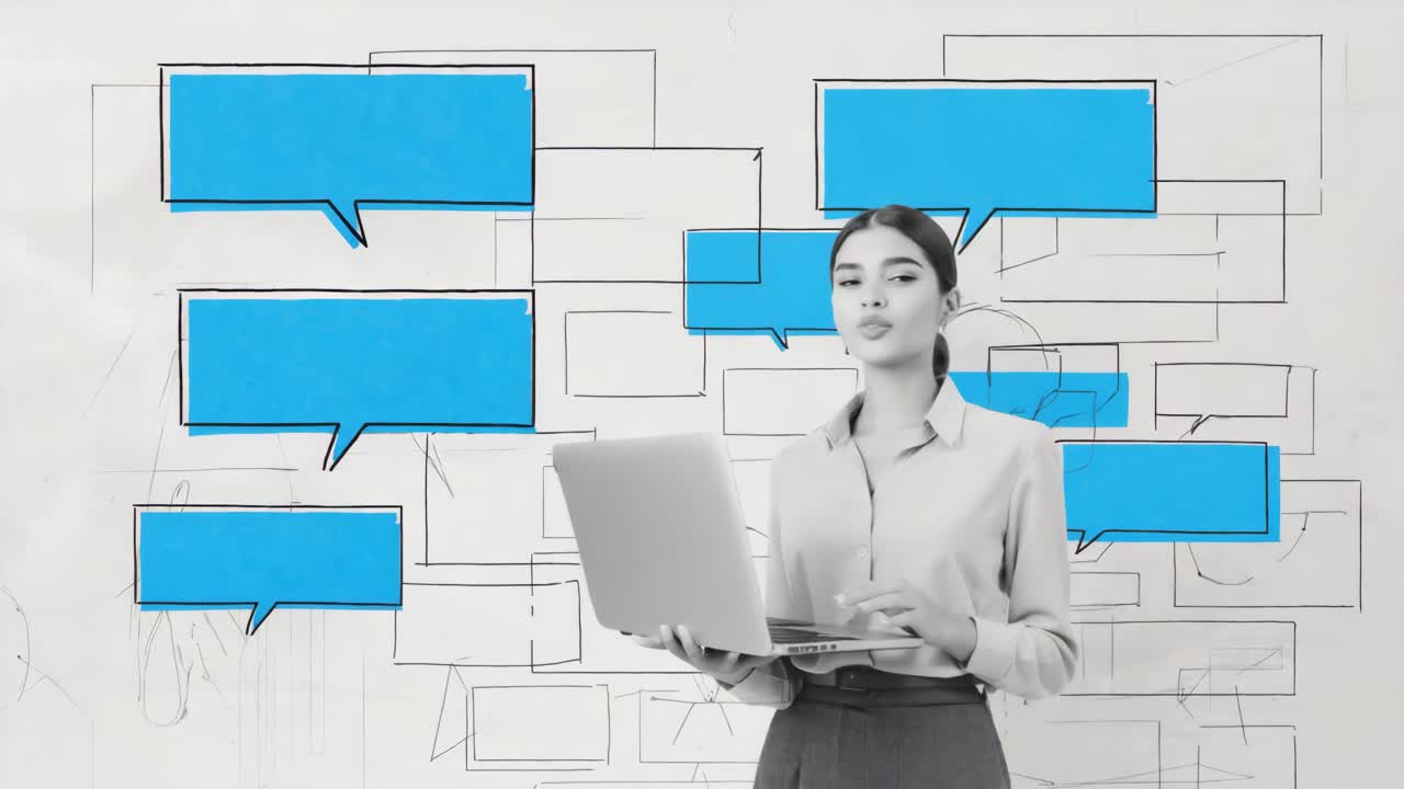 Businesswoman with Laptop and Speech Bubbles for Communication Concept