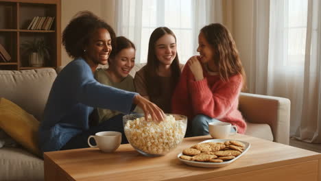 friends enjoying snacks and conversation in a living room