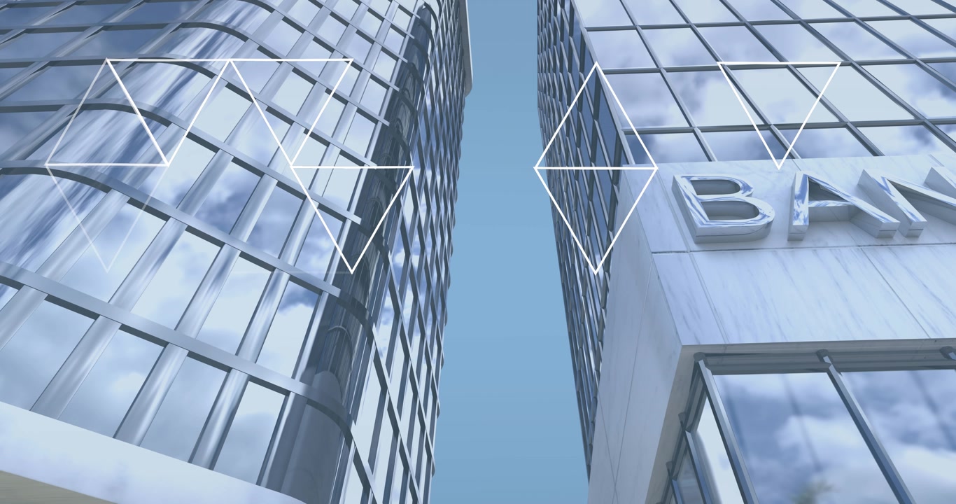 Animación de una red de triángulos sobre un edificio bancario