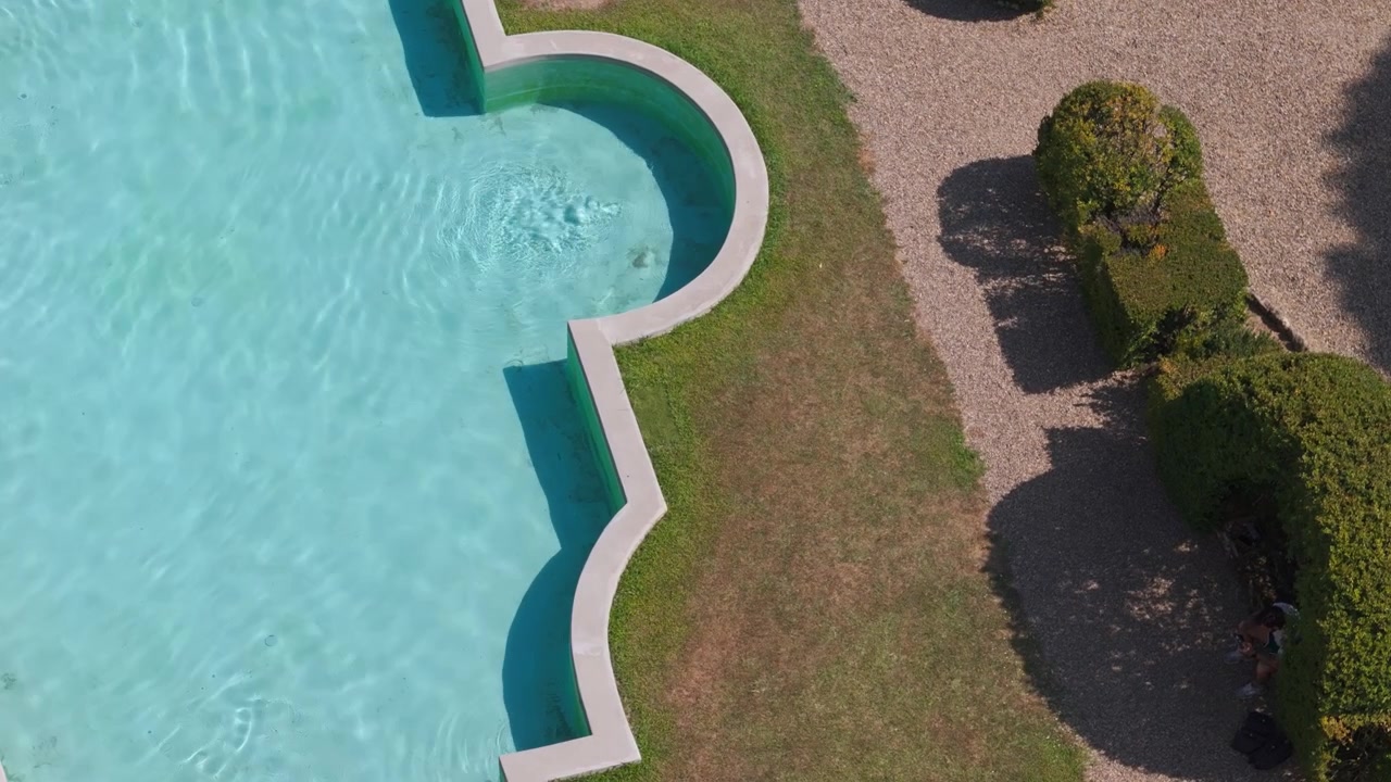 Aerial view of ornate swimming pool beside manicured garden and gravel path in sunlight
