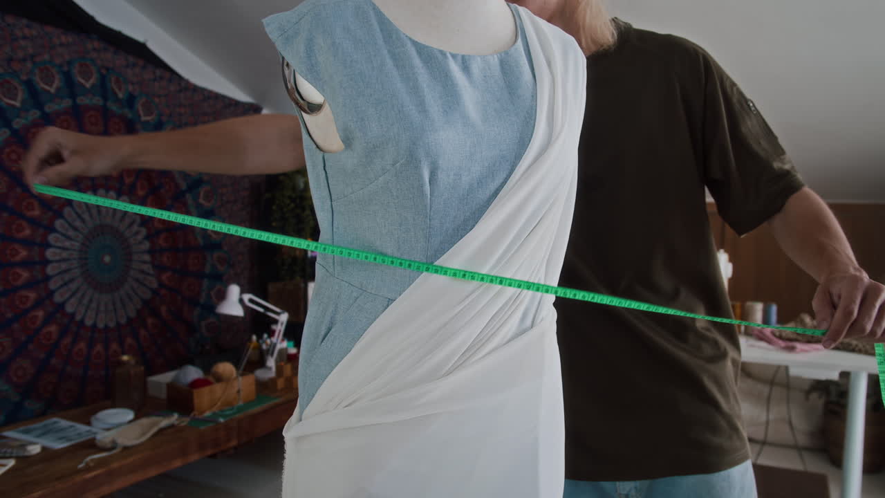 Seamster Taking Measurements on Waist of Mannequin