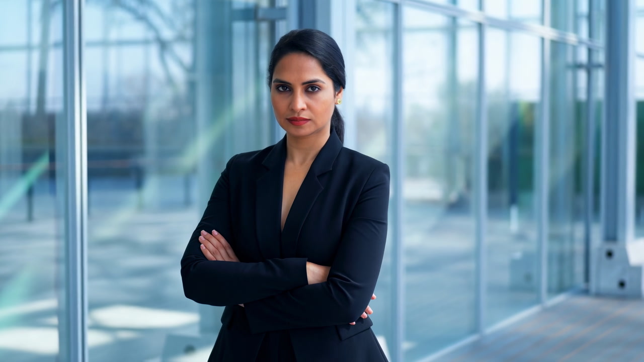 Confident Businesswoman In Glass Office, Arms Crossed, Tailored Black Suit, Direct Steady Gaze, Reflective