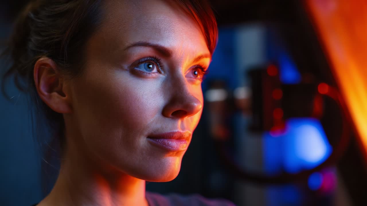 A captivating portrait of a focused woman, illuminated by vibrant light tones, expressing determination and concentration in a creative or technical environment, with a soft yet striking gaze