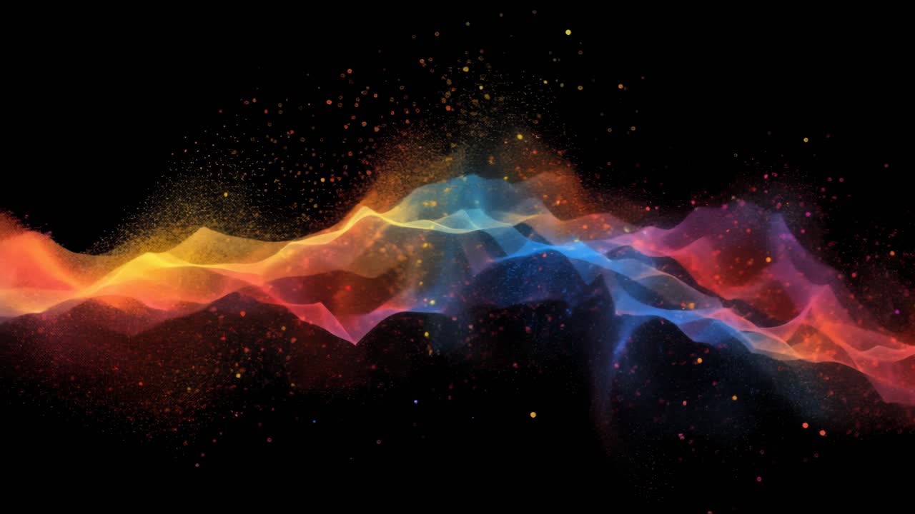 Onda dinamica astratta di particelle colorate su sfondo nero, ripresa da un'angolazione laterale