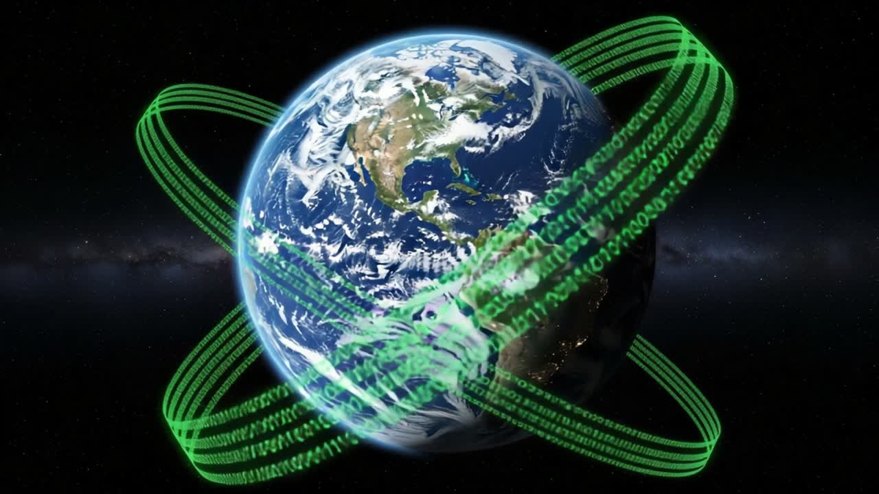 A Dynamic Representation of Earth Surrounded by Streams of Binary Code, Illustrating the Interconnectedness of Digital Technology and Our Planet