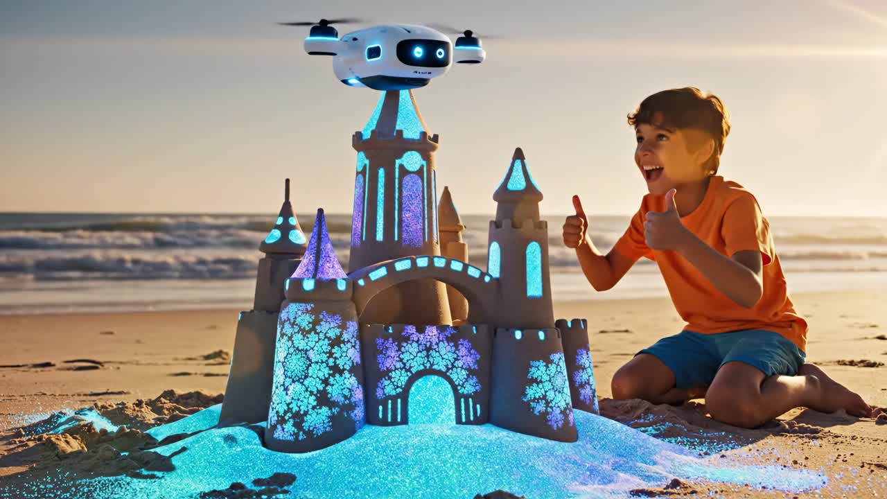 Boy building a sandcastle on the beach with a drone
