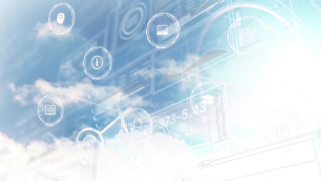 아이콘의 애니메이션과 구름이 있는 하늘 위의 데이터 처리