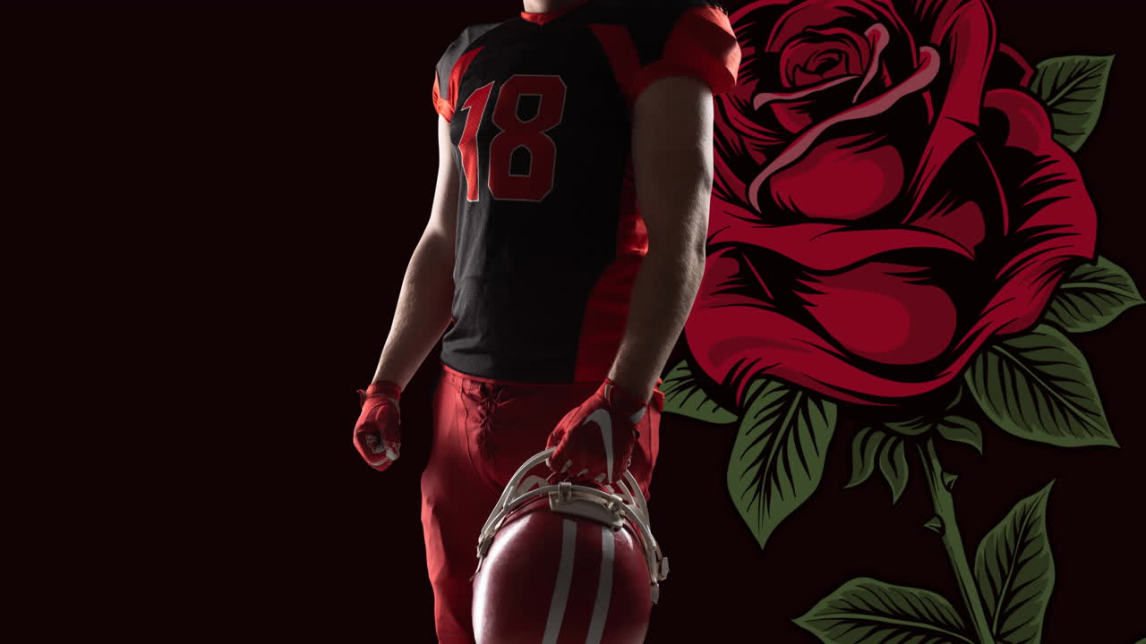 ⁇ 은 장미 위에 헬 ⁇ 을 들고 있는 남성 아메리칸  ⁇ 볼 선수의 중간 부분 애니메이션