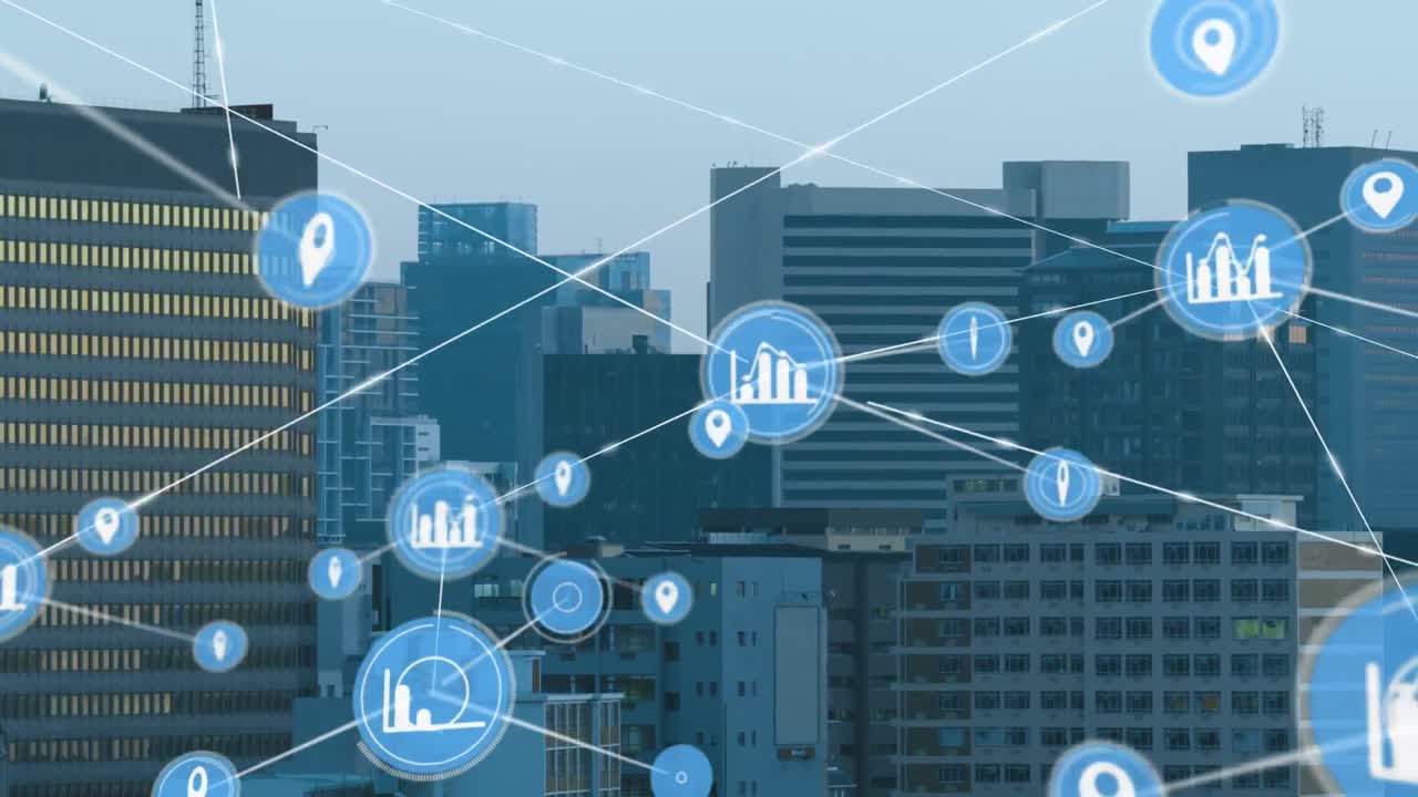 디지털 아이콘의 네트워크의 애니메이션 도시 풍경의 공중 뷰에 대하여