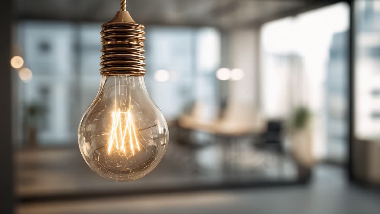 Glowing filament of a retro edison light bulb hanging in a contemporary office space, symbolizing innovation, bright ideas, creativity, and inspiring new business solutions with a warm light
