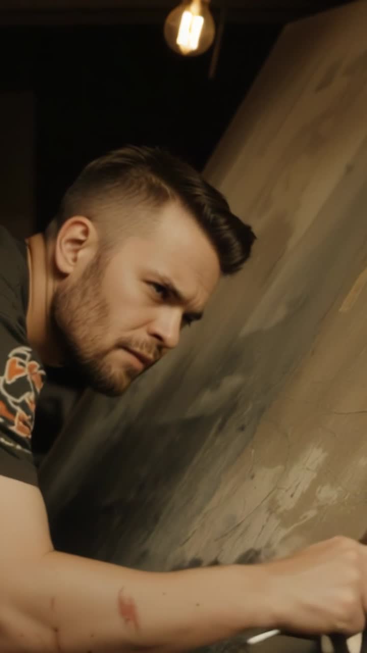 Vertical video: Gripping brush artist shading canvas strokes in studio under bare bulb, copy space