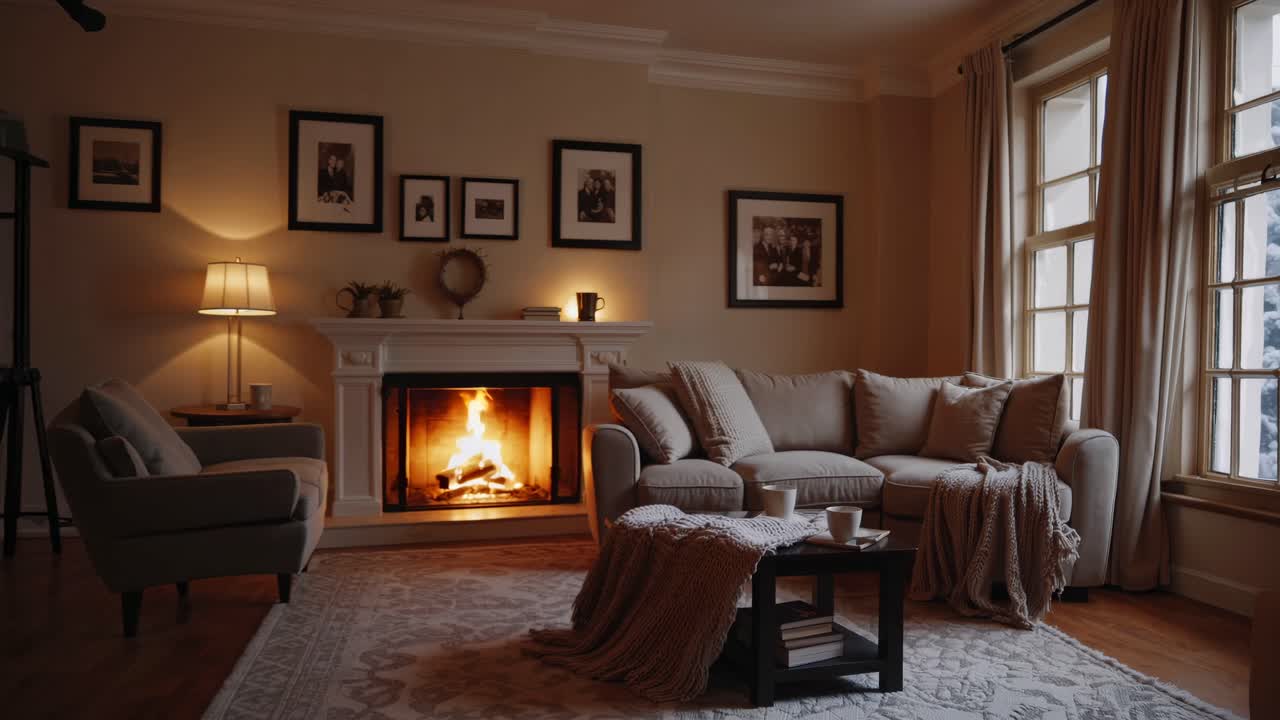Cozy living room with a warm fireplace, captured from a wide-angle. Perfect for a video on home