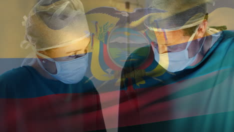 animation of flag of ecuador over caucasian surgeons during surgery