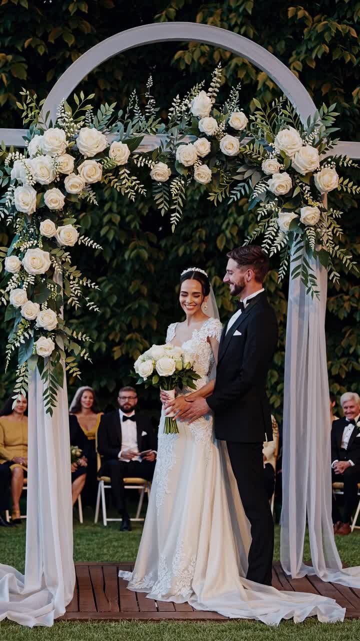 Elegante scena di matrimonio con una coppia sotto un arco floreale. Ripresa da un'angolazione frontale, perfetta.