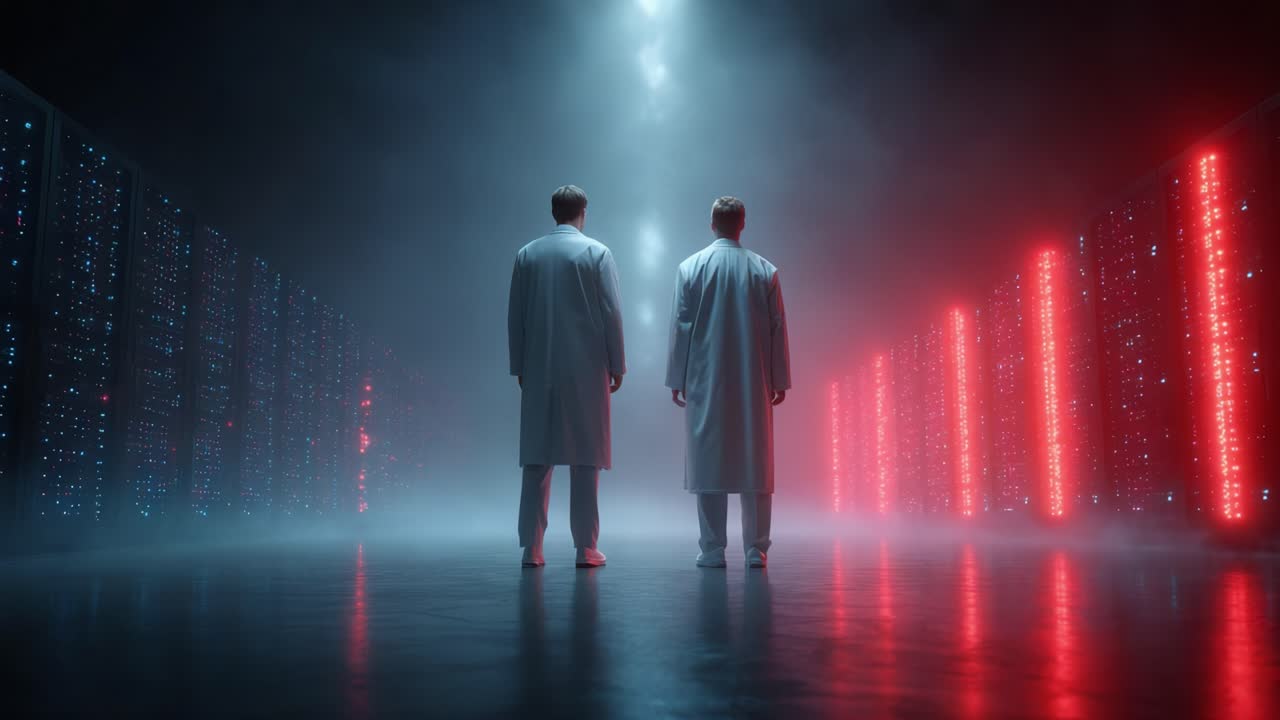 Two Scientists in Lab Coats Stand Back-to-Back, Gazing at a High-Tech Data Center Filled with Flashing Lights, Symbolizing the Fusion of Technology and Innovation