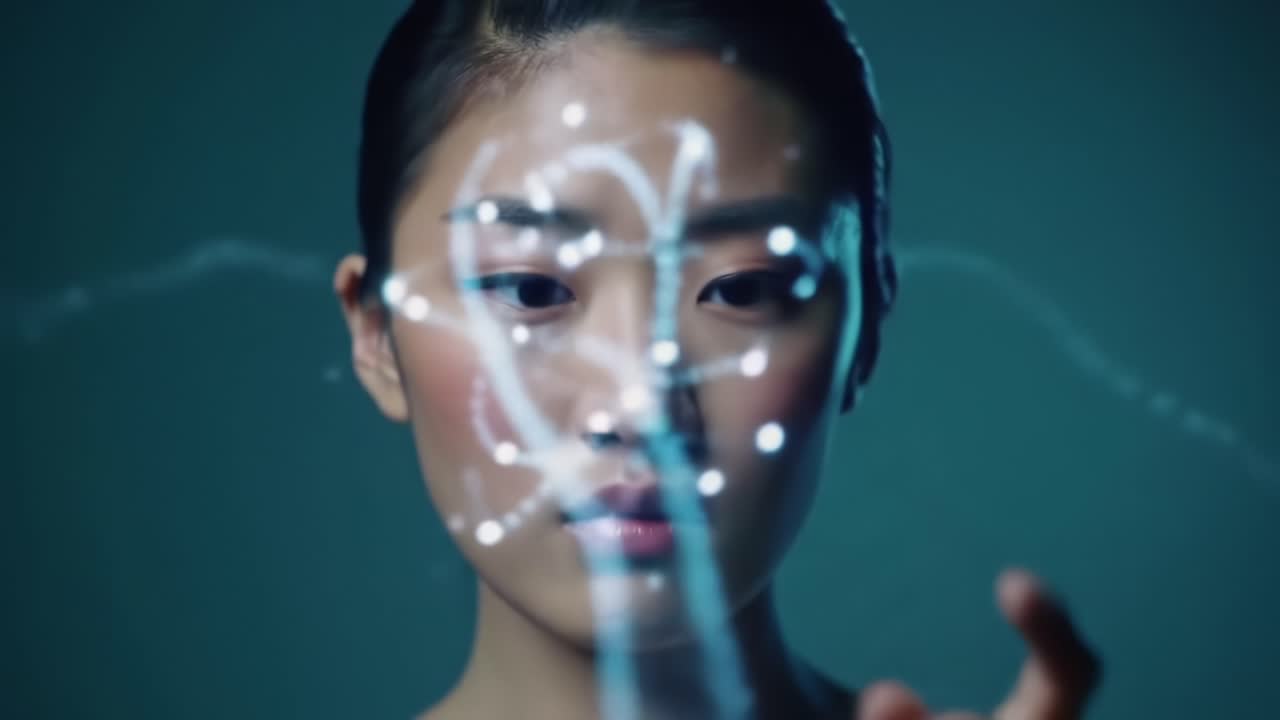 A Thoughtful Encounter: A Woman Engaging with a Digital Interface, Exploring Concepts of Science and Innovation Through Visual Representation and Introspection