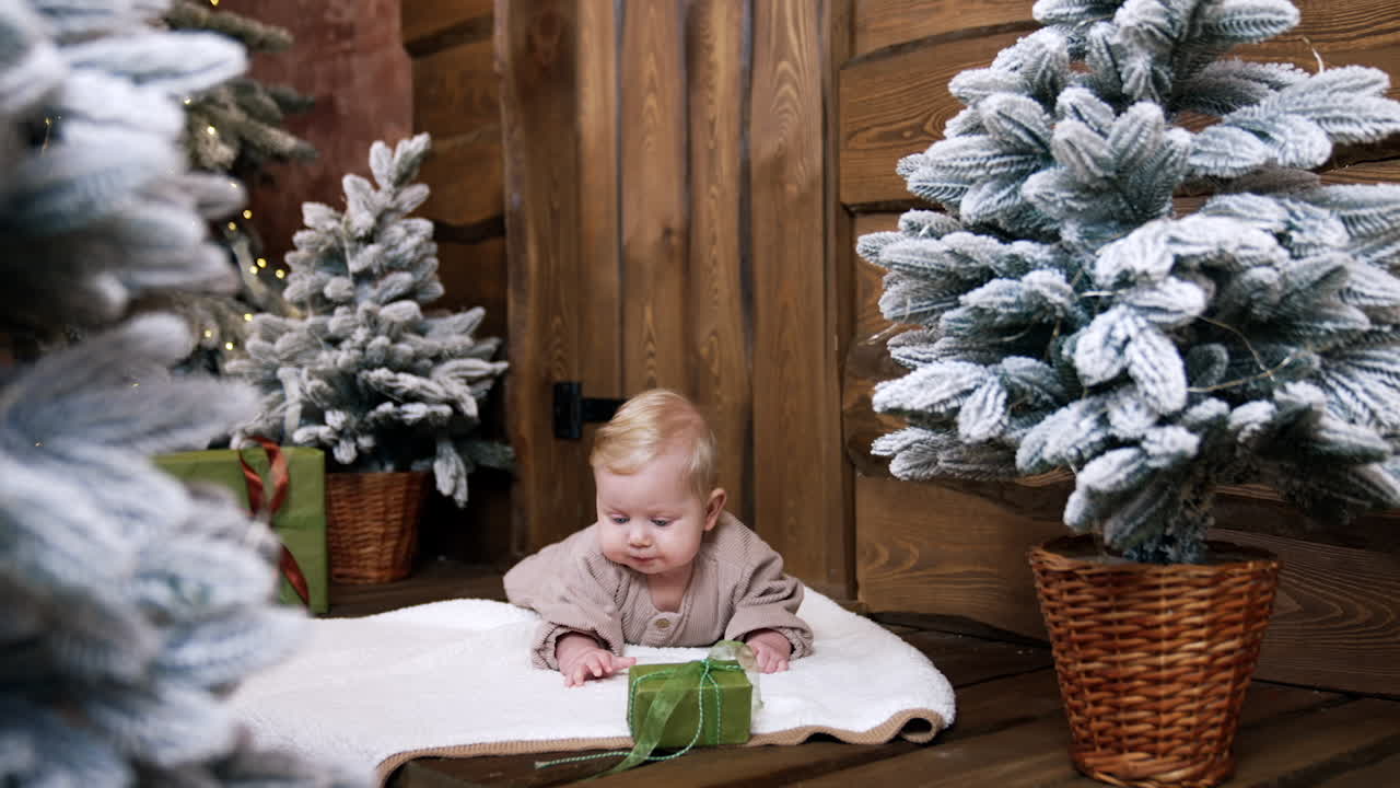 Lovely Caucasian baby boy lies on the plaid in wooden hut. Beautiful blue-eyed infant looks at present box in front of him. Christmas trees around.