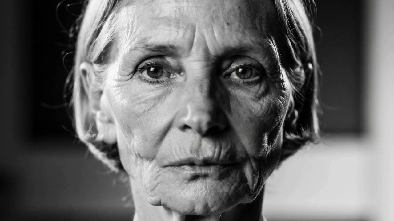 Registrazione: donna anziana che mantiene lo sguardo, mostrando piccoli movimenti mentre la telecamera zooma, con fotogrammi sfocati.