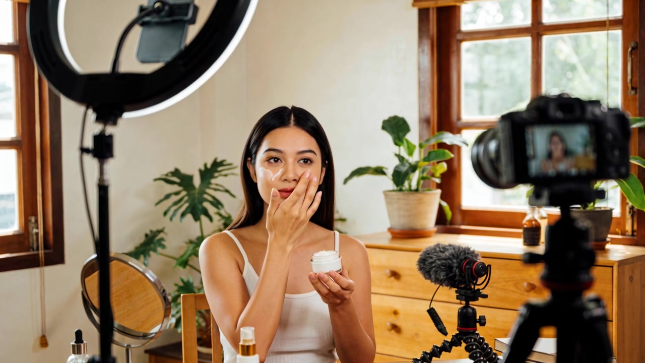 Camera starting recording Asian woman applying cream at dressing table for product demo in tank top