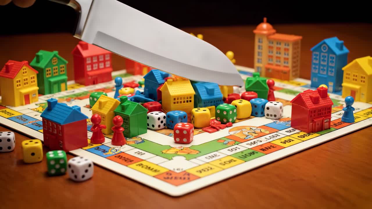 Monopoly board game with knife about to destroy houses and dice