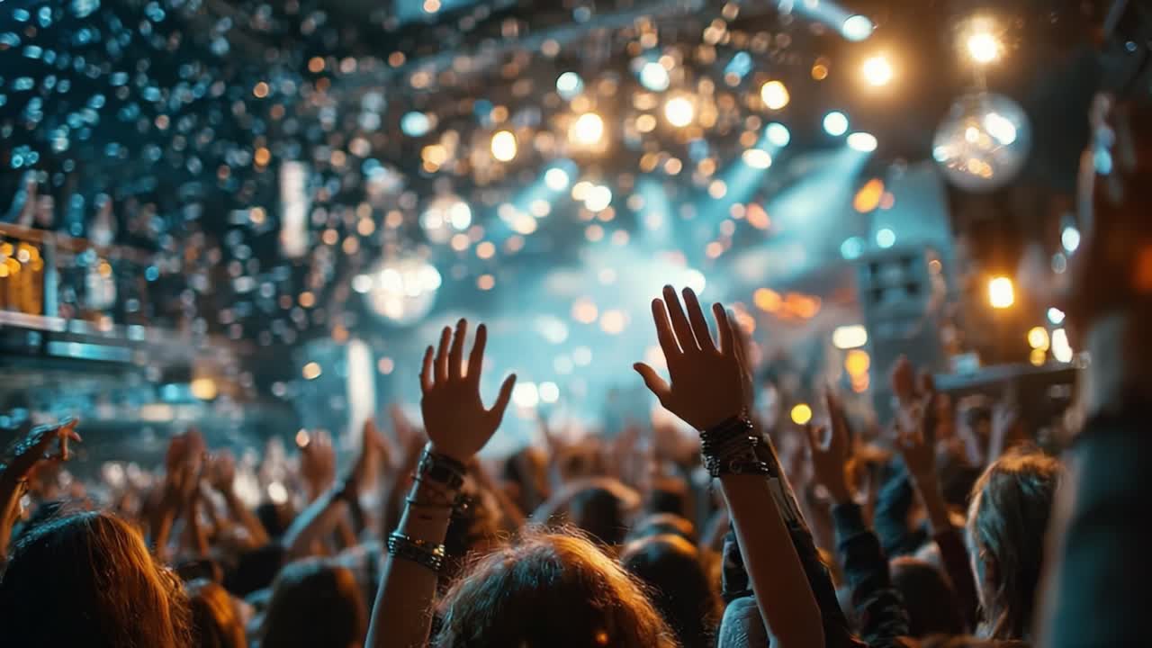 Folla entusiasta che festeggia a un concerto con le mani alzate e luci scintillanti che creano un'atmosfera di gioia ed energia catturata in due momenti