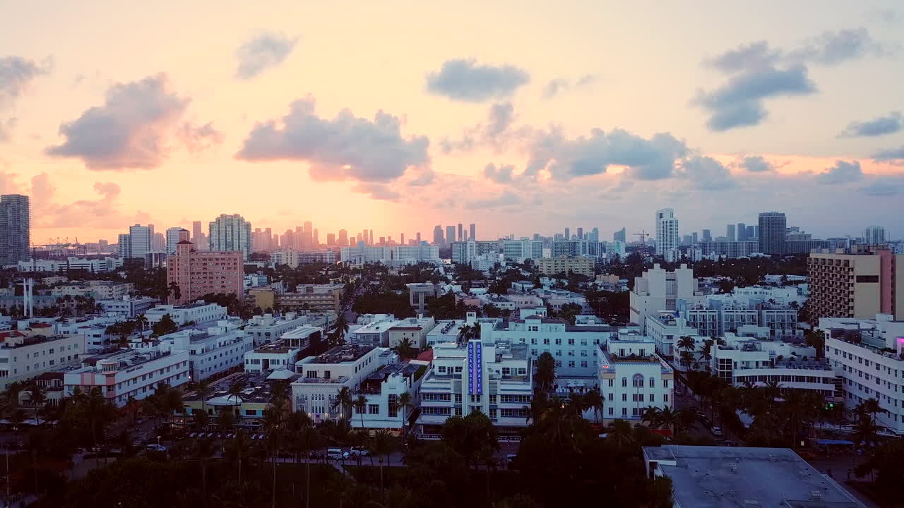 Aerial Miami sunset pan down