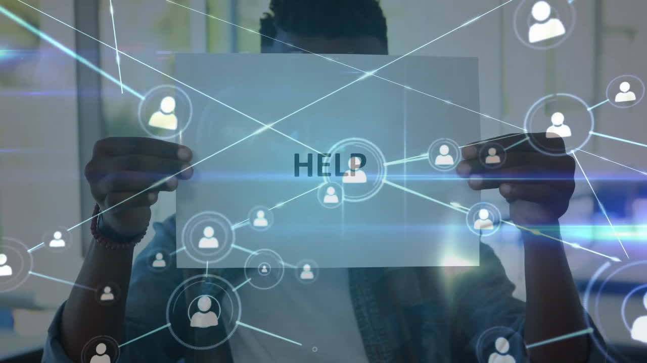 Animation of connections with icons over african american man holding board with help text