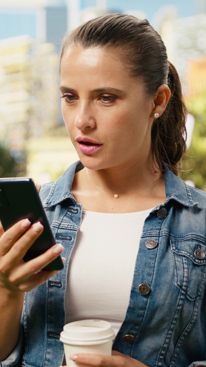 Video verticale. Donna sorpresa guarda lo schermo dello smartphone mentre tiene in mano una tazza di caffè.